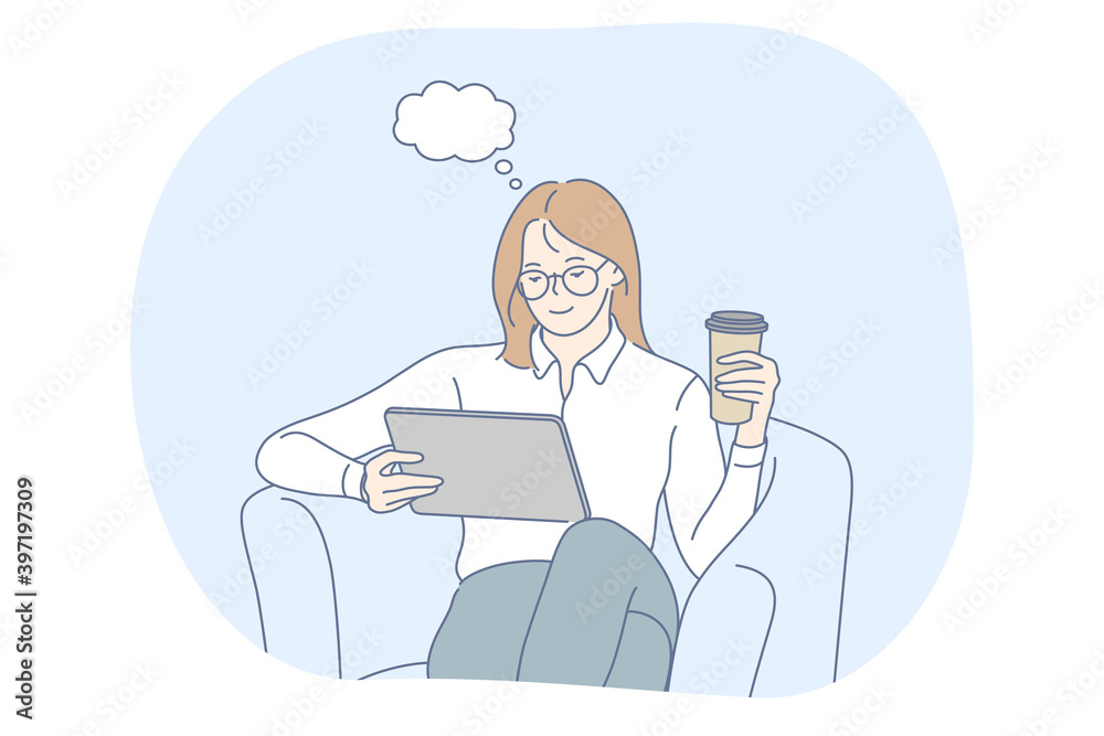 Online communication, technology, electronics concept. Young positive woman office worker sitting with tablet and coffee and watching something online information illustration