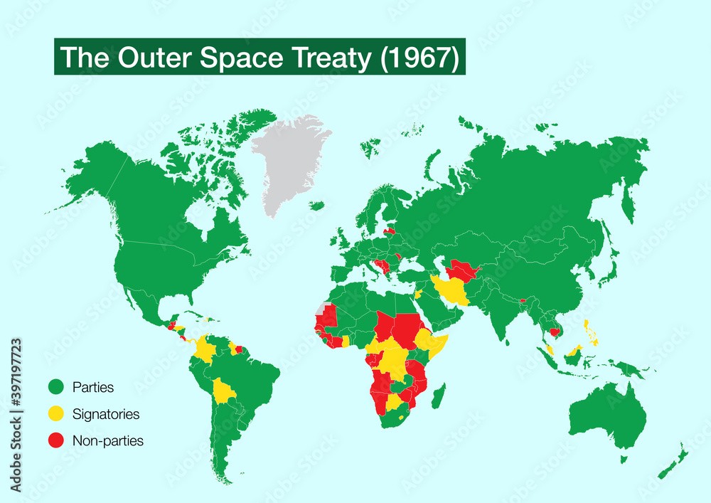 World map with the countries that have signed and ratified the Outer Space Treaty for the exploration of outer space World map with the countries that have signed and ratified the Outer Space Treaty for the exploration of outer space