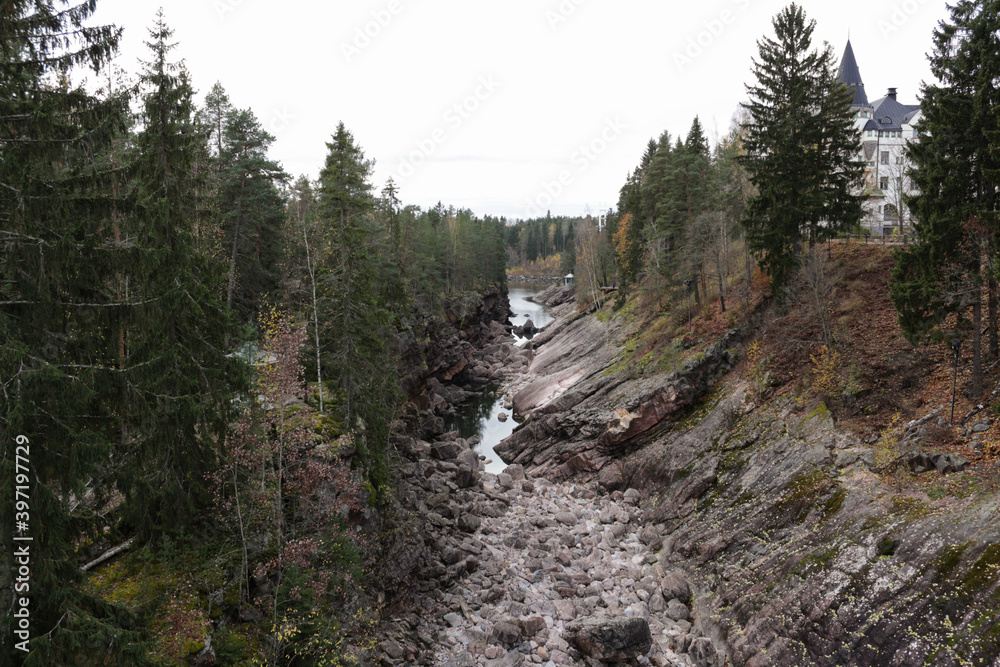 View of the rocky riverbed. A landmark of the town of Imatra, Finland.