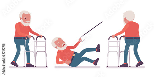 Old man, elderly person with medical walker, cane slippery. Senior citizen over 65 years, retired bearded grandfather, aged pensioner. Vector flat style cartoon illustration isolated, white background