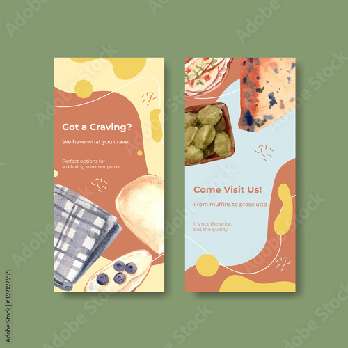 Flyer template with European picnic concept design for brochure and advertise watercolor vector illustration.