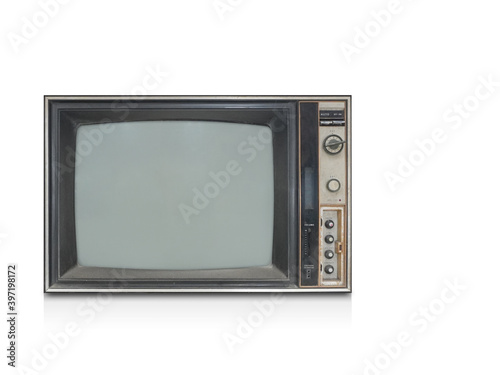 front view beautiful Classic vintage retro old black television on white background, object, copy space