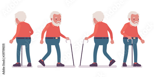 Old man, elderly person with walking cane. Senior citizen over 65 years, retired bearded grandfather, old age pensioner, grandpa. Vector flat style cartoon illustration isolated, white background