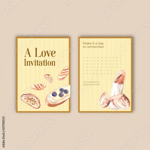 Invitation card template with European picnic concept design for party and meeting watercolor vector illustration.