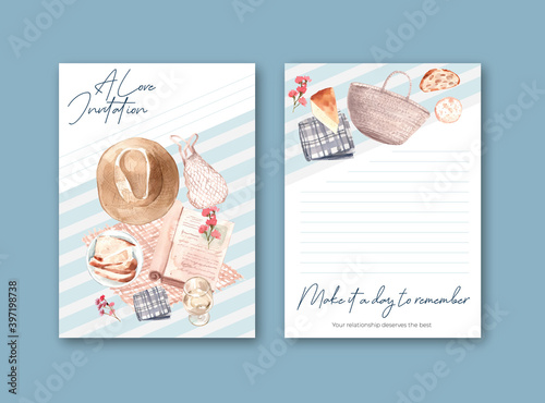 Invitation card template with European picnic concept design for party and meeting watercolor vector illustration.