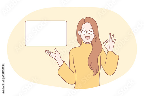 Demonstration, promotion, advertisement concept. Young positive woman cartoon characters holding white blank placard with copy space for text and showing ok luck sign vector illustration