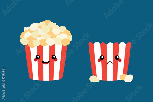Cute cartoon style popcorn bucket characters, one full and smiling, another empty and sad.