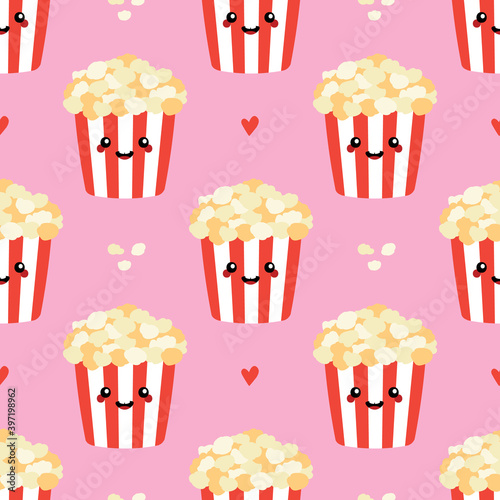 Pink vector seamless pattern background with cute popcorn boxes characters and hearts.