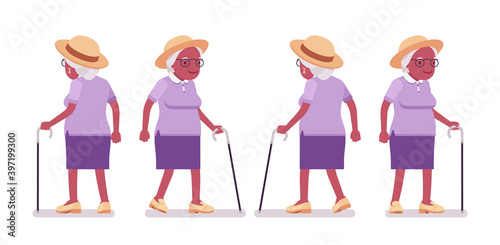 Old black woman, elderly person with walking cane. Senior citizen over 65 years, retired grandmother, old age pensioner, nice grandma. Vector flat style cartoon illustration isolated, white background