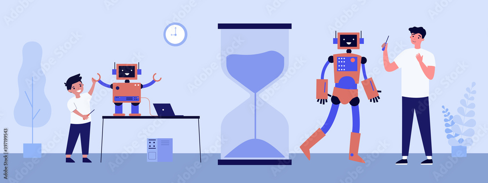Man creating robot in his different ages. Boy, small cyborg, large humanoid flat vector illustration. Robotics, hobby, engineering concept for banner, website design or landing web page Man creating robot in his different ages. Boy, small cyborg, large humanoid flat vector illustration. Robotics, hobby, engineering concept for banner, website design or landing web page