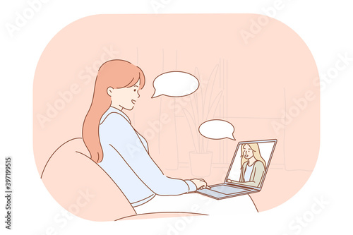 Online communication, chatting, teleconference concept. Young smiling woman cartoon character sitting at home with laptop and communicating with friend online during video call illustration 