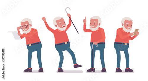 Old man, elderly person with cane, mobile phone. Senior citizen over 65 years, retired bearded grandfather, old age pensioner. Vector flat style cartoon illustration isolated, white background