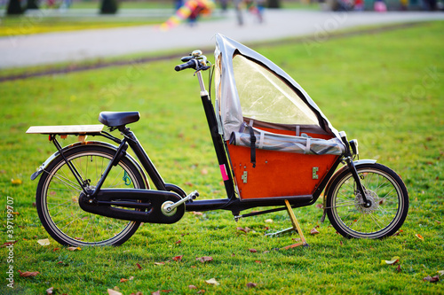 Schönes Kinder Cargo-Rad mit Schutz-Zelt Parkmöglichkeiten auf dem Rasen, Lastenfahrrad, Familienrad photo