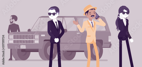 Group of bodyguard people escort and protect important famous man. Personal security for vip celebrity, mafia boss by trained professionals, safe private life. Vector creative stylized illustration
