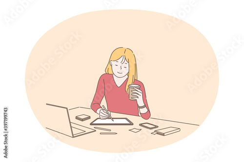 Working in office, modern company worker, online communication concept. Young smiling woman designer cartoon character sitting on workplace with laptop and coffee and making sketch illustration
