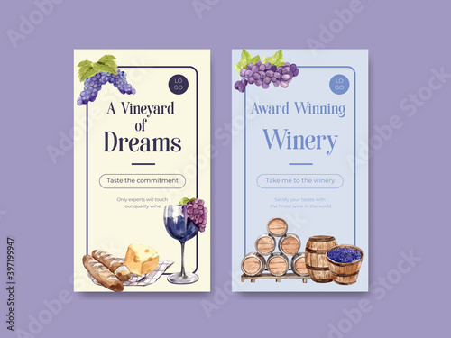 Instagram template with wine farm concept design for social media watercolor vector illustration.