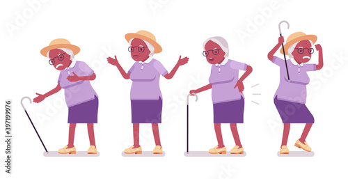 Old black woman, elderly person having heart, back ache. Senior citizen over 65 years, retired grandmother, aged pensioner. Vector flat style cartoon illustration isolated, white background