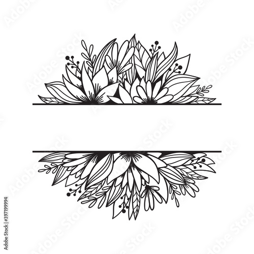 Hand drawn split monogram with flowers, leaves, branches. 