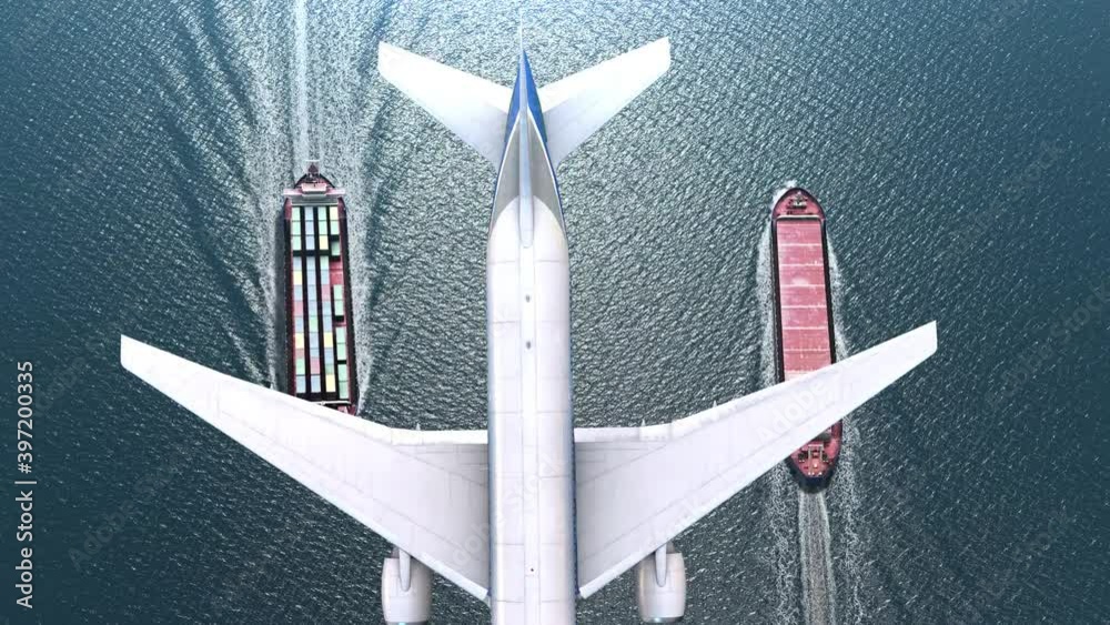 Airplane flies over Cargo ships  with containers in the sea- aerial
, Freight Shipping export and import concept, container ship and plane carries cargo across the ocean. Transportation. Delivery. Log