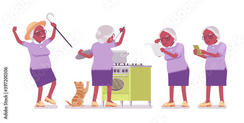 Old black woman, elderly person cooking food, using mobile phone. Senior citizen over 65 year, retired grandmother, old age pensioner. Vector flat style cartoon illustration isolated, white background