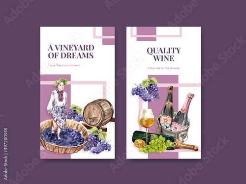 Instagram template with wine farm concept design for social media watercolor vector illustration.