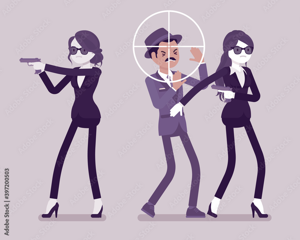 Bodyguard women protect important famous man, sniper optical sight. Professional trained armed personal security providing safety for mafia boss in danger. Vector creative stylized illustration Bodyguard women protect important famous man, sniper optical sight. Professional trained armed personal security providing safety for mafia boss in danger. Vector creative stylized illustration