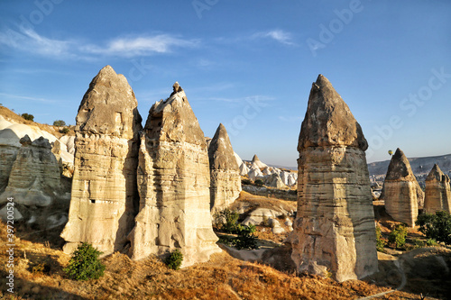 Unusually shaped cliffs of volcanic origin in the Love Valley in the Cappadocia region in Turkey.