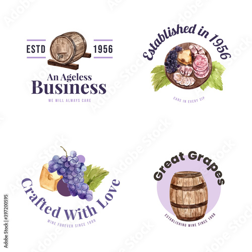 Logo design with wine farm concept for branding and marketing watercolor vector illustration.