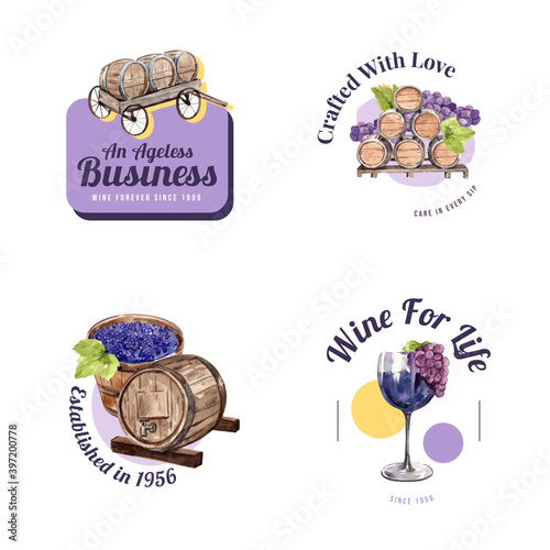 Logo design with wine farm concept for branding and marketing watercolor vector illustration.