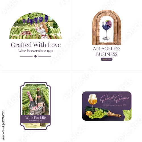 Logo design with wine farm concept for branding and marketing watercolor vector illustration.
