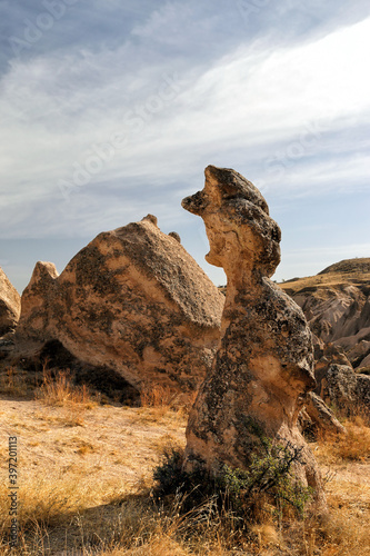 Unusually shaped cliffs of volcanic origin in the Dervent Valley in the Cappadocia region in Turkey.
