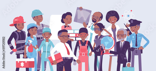 Black professional workers of different occupations and job. Group of people in management, office, banking, medicine, science career. Vector creative stylized illustration
