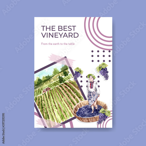Poster template with wine farm concept design for advertise and marketing watercolor vector illustration.