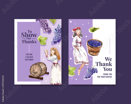 Thank you card template with wine farm concept design for greeting and anniversary watercolor vector illustration.