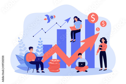 Startup team with laptops analyzing growth chart. Tiny sales managers using computers at increase diagrams and rocket. Vector illustration for successful business project, finance, analysis concept