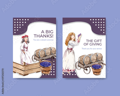 Thank you card template with wine farm concept design for greeting and anniversary watercolor vector illustration.