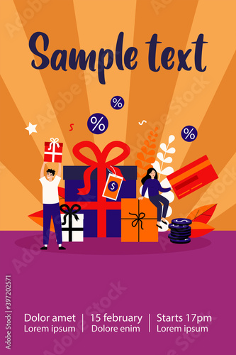 Customers getting gifts and rewards for purchases. Tiny people holding presents, bonus card with tags. Can be used for promotion, sale, discount, loyalty program concept