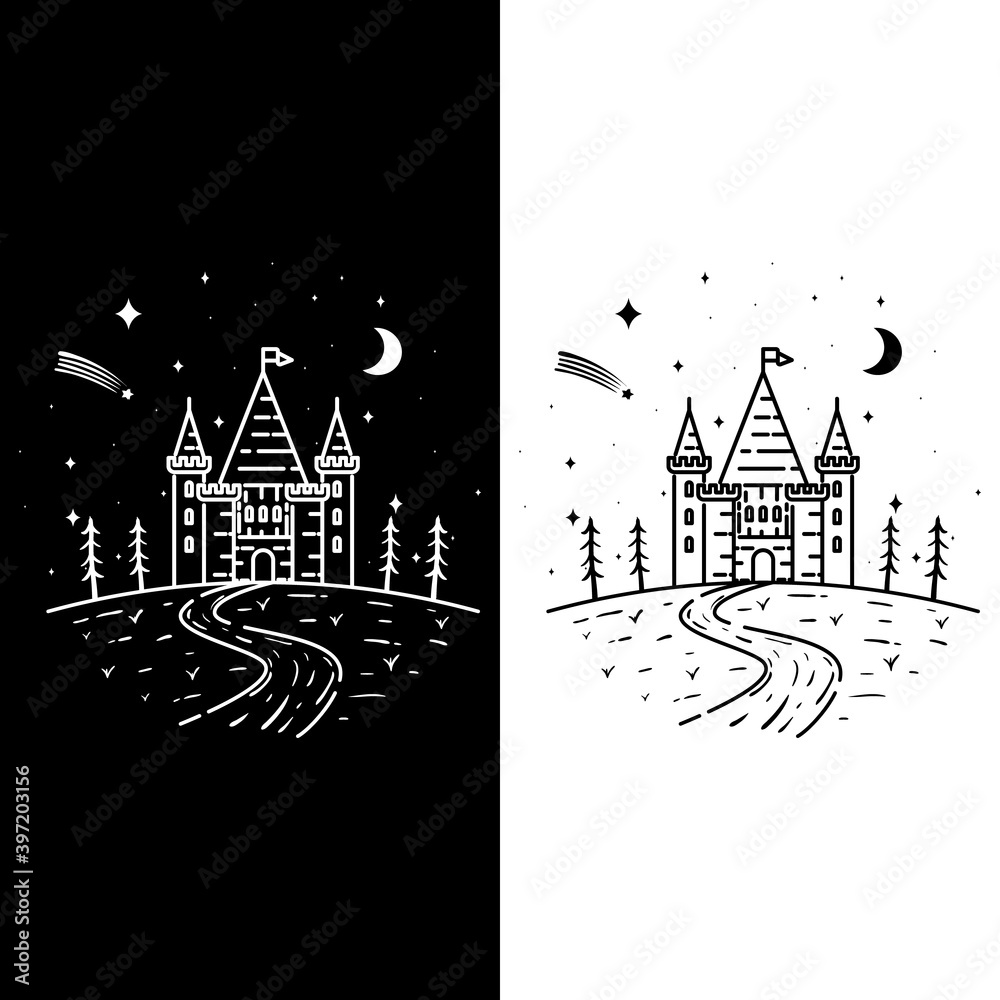 Castle at Night Line Art Vector Illustration Logo Design