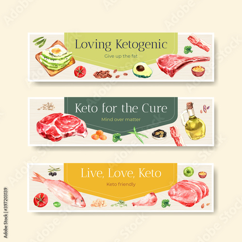 Banner template with ketogenic diet concept for advertise and marketing watercolor vector illustration.