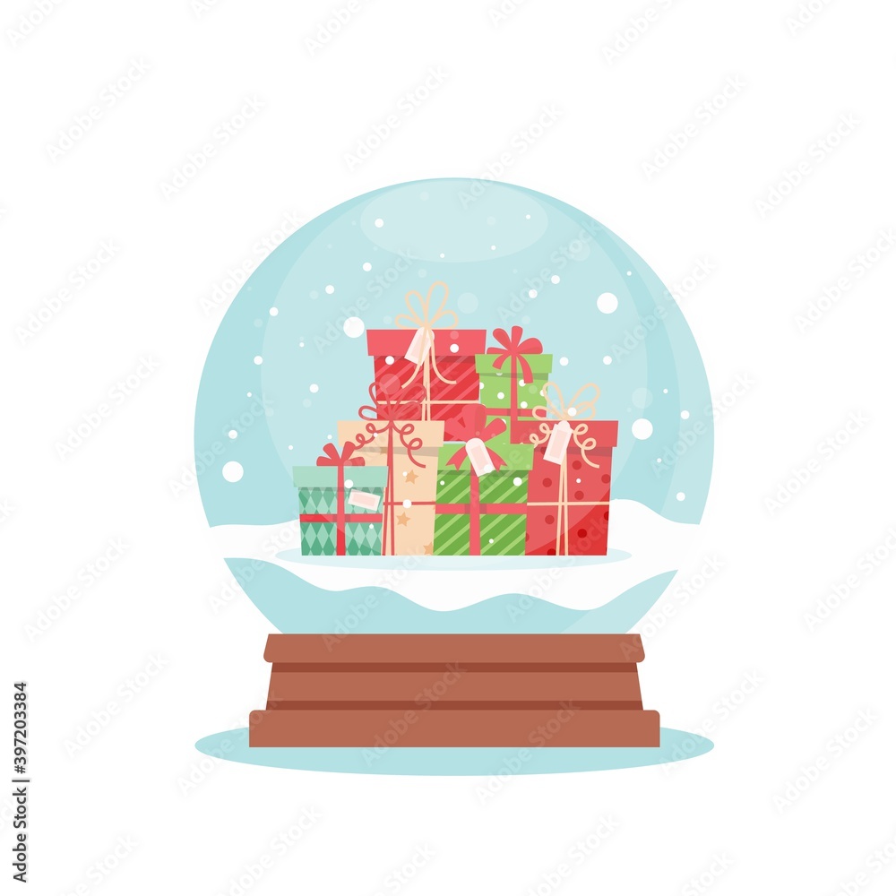 Snow globe with christmas gifts, vector illustration in flat style