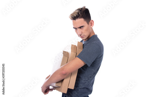Home delivery. Courier and pizza. White background.