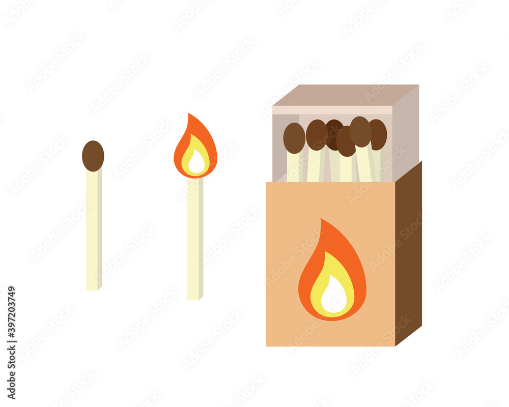 Set of safety matches illustrations. Full box of matches, burning and new one. Flame and fire. Flat style design. Objects in cartoon style isolated on white background. Vintage icons Set of safety matches illustrations. Full box of matches, burning and new one. Flame and fire. Flat style design. Objects in cartoon style isolated on white background. Vintage icons