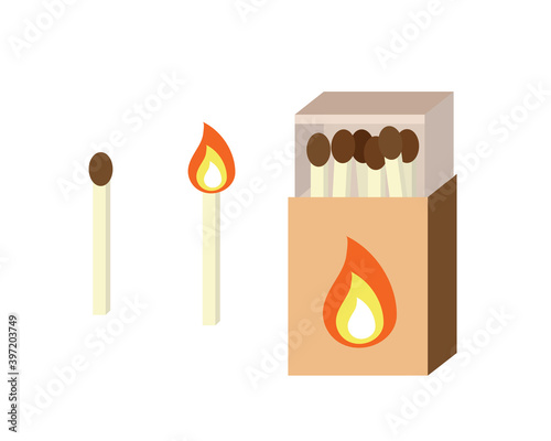Set of safety matches illustrations. Full box of matches, burning and new one. Flame and fire. Flat style design. Objects in cartoon style isolated on white background. Vintage icons