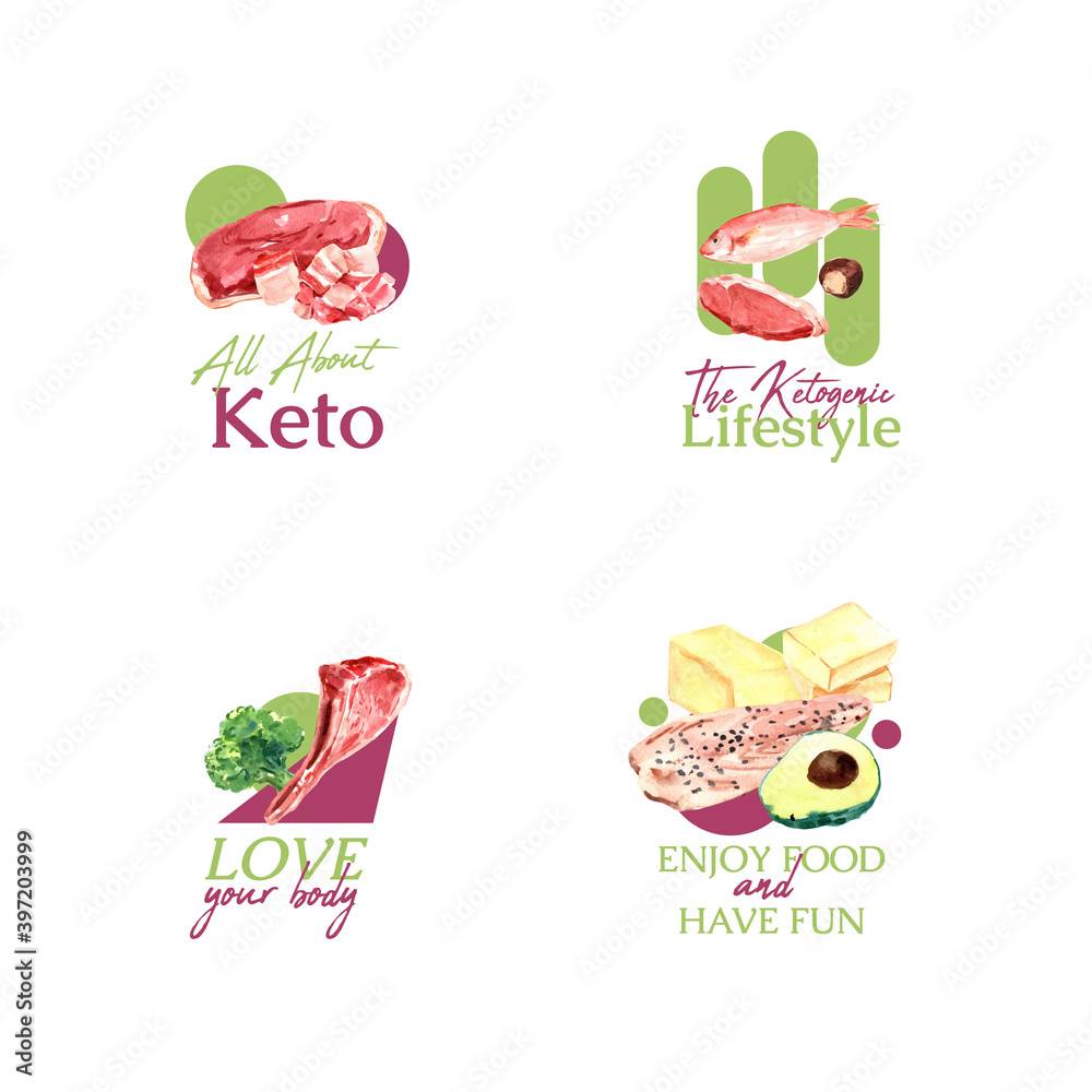Fototapeta premium Logo design with ketogenic diet concept for branding and marketing watercolor vector illustration..