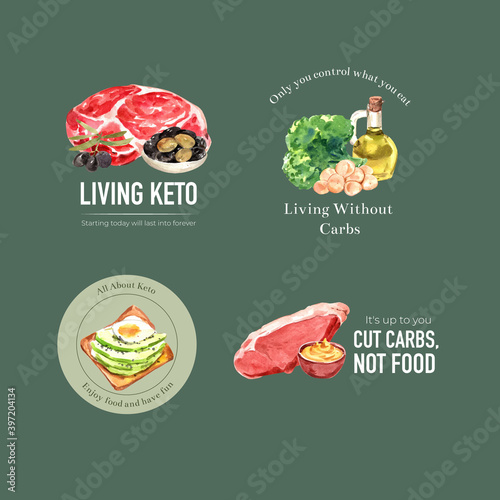 Logo design with ketogenic diet concept for branding and marketing watercolor vector illustration..