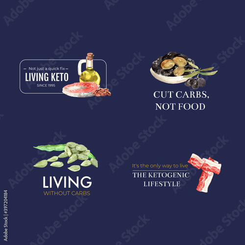 Logo design with ketogenic diet concept for branding and marketing watercolor vector illustration..
