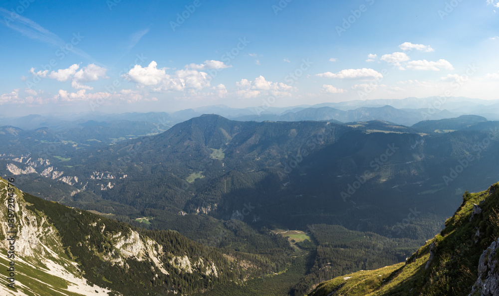 Wonderful view of Otscher valley and the surrounding mountains at daily light. Mount Otscher is a prominent peak in south-western Lower Austria. Suburbs of the Austrian alps. Known tourist spot