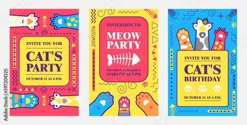 Creative birthday invitation designs with kitty paws. Trendy meow or cat party invitations with text. Domestic animals and pets concept. Template for leaflet, banner or flyer