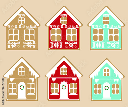 A set of vector images of gingerbread houses. Flat atmospheric image templates for New year and Christmas