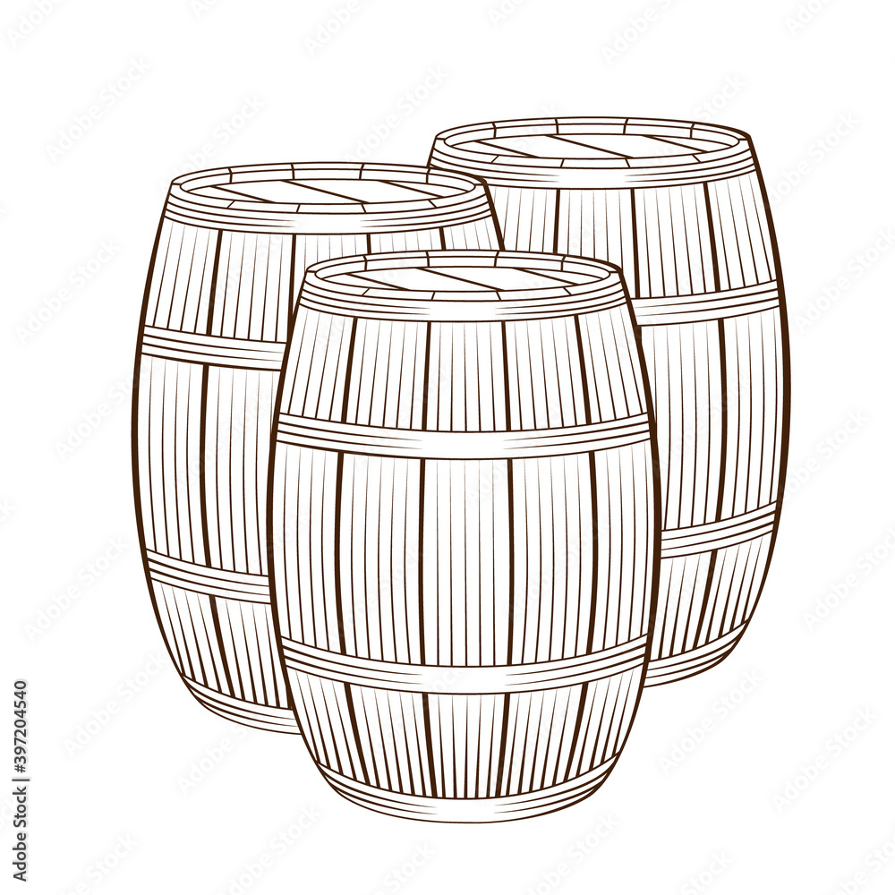 Three wooden barrels for wine and other alcohol. Three wooden barrels for wine and other alcohol.